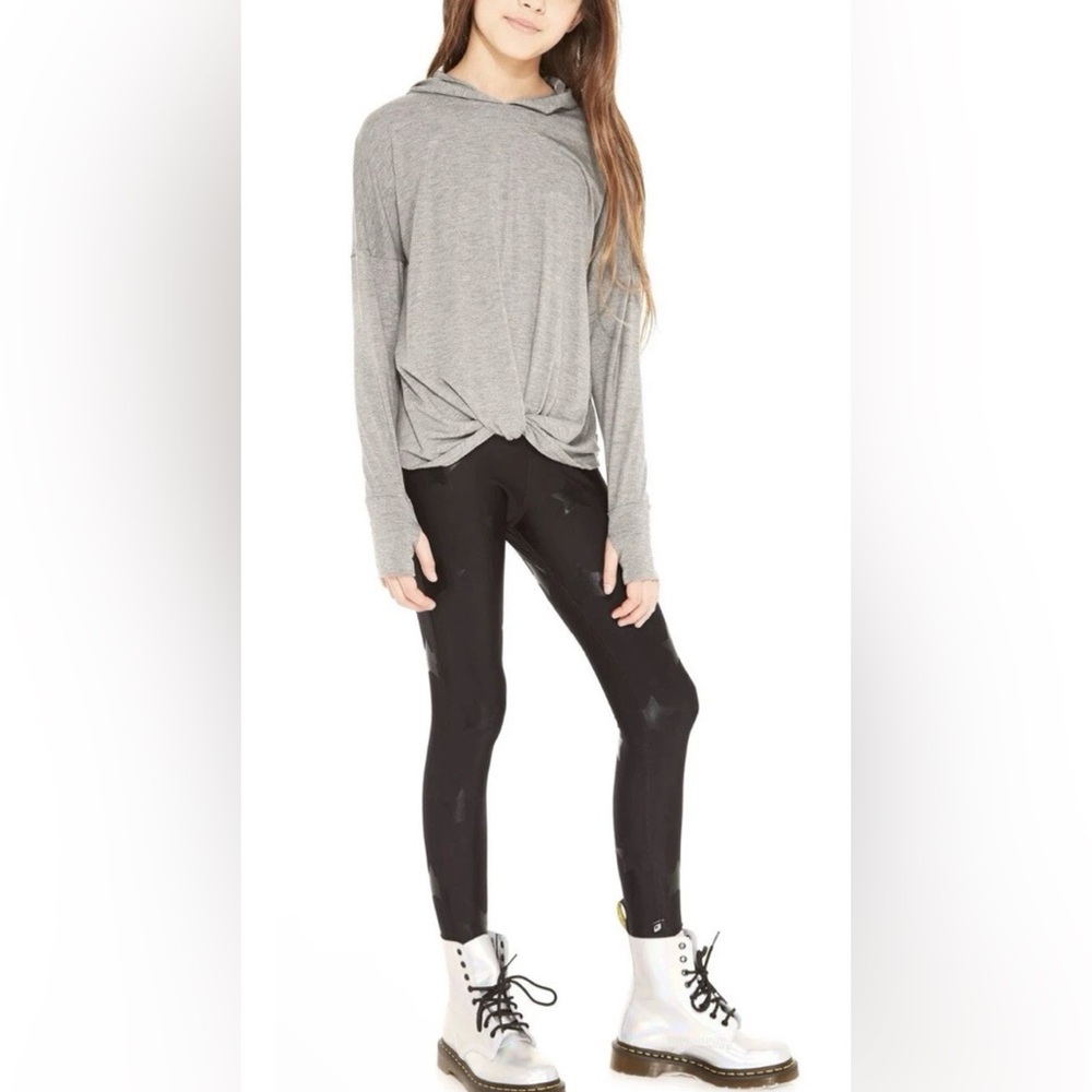 Terez girls black shiny star foil leggings size medium NWT